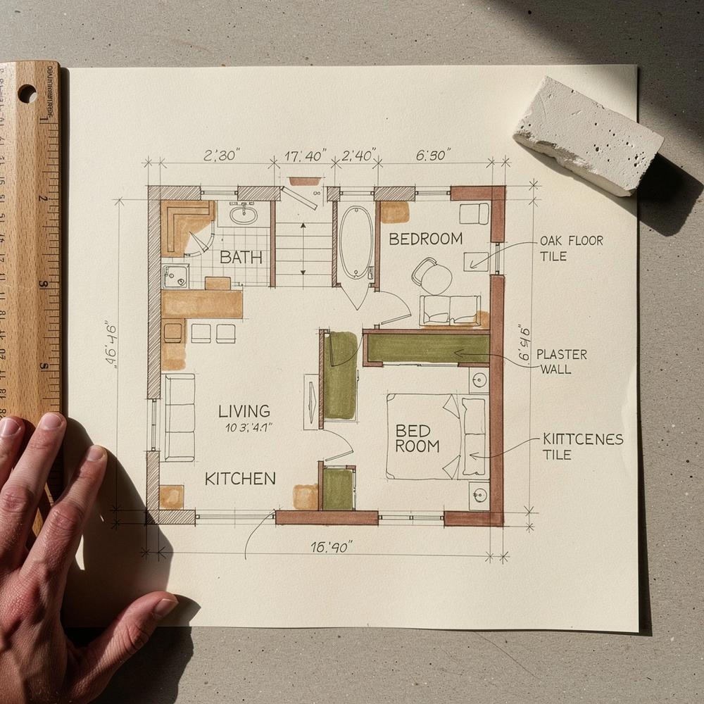 Measured apartment floor plan drawing with room dimensions and material notes pinned above a worktable